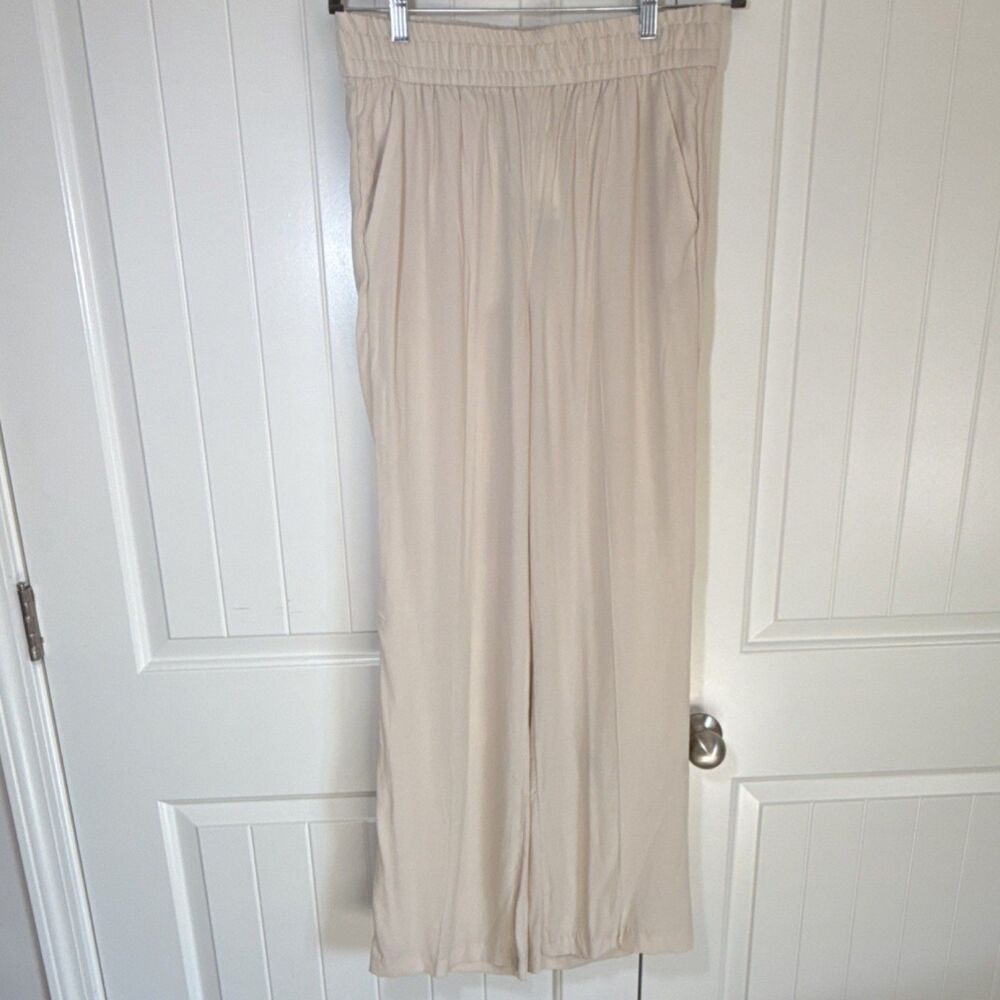 H&M Women's Beige Wide-Leg Pants Lyocell Viscose Relaxed Fit Elastic Waist long